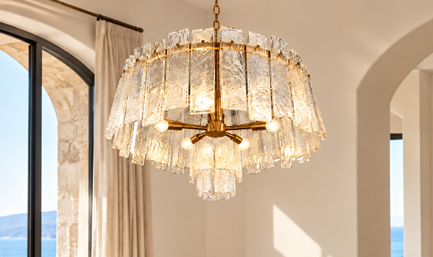 Tiered textured glass chandelier with brass frame and exposed bulbs in a room with arched windows